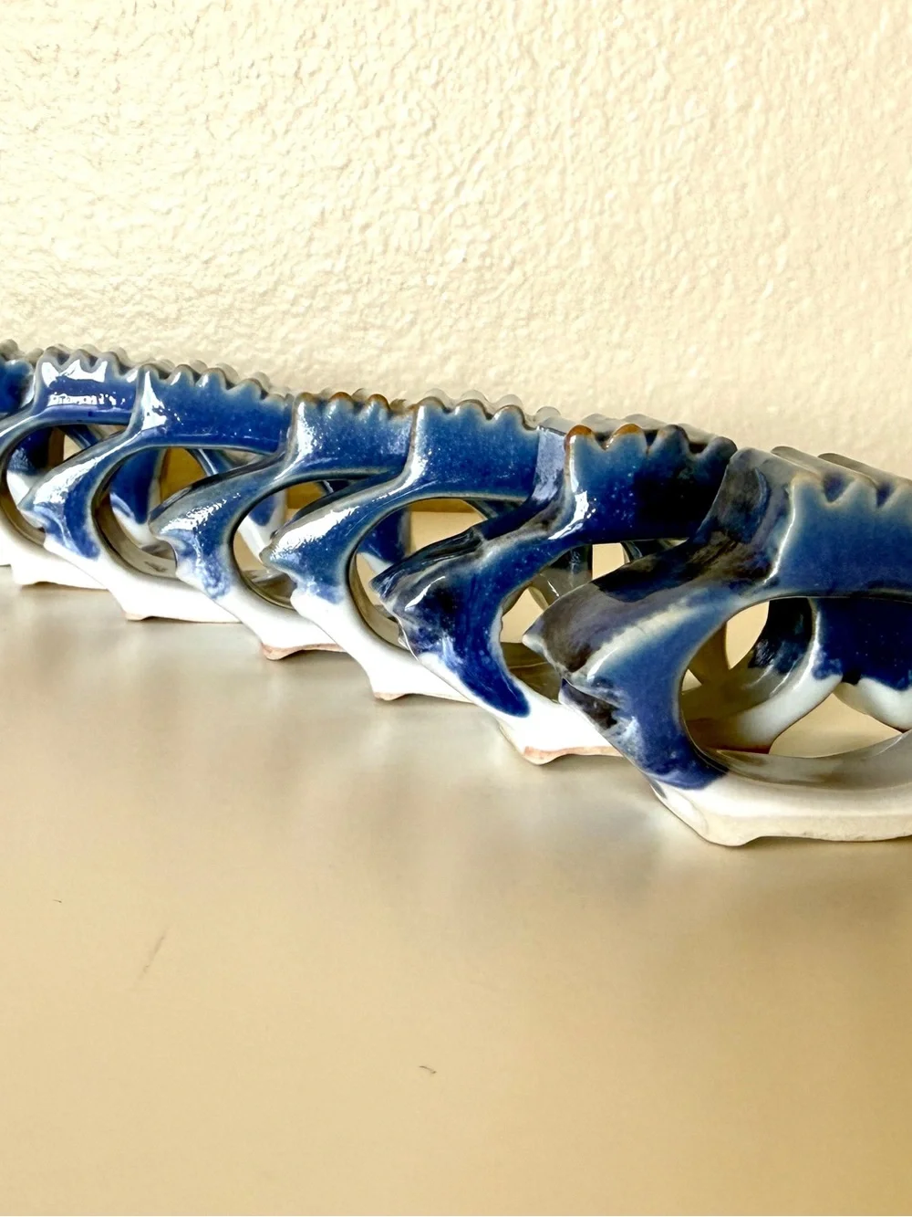 Vintage Blue White Ceramic Fish Napkin Rings Set of 8 Coastal Nautical Decor